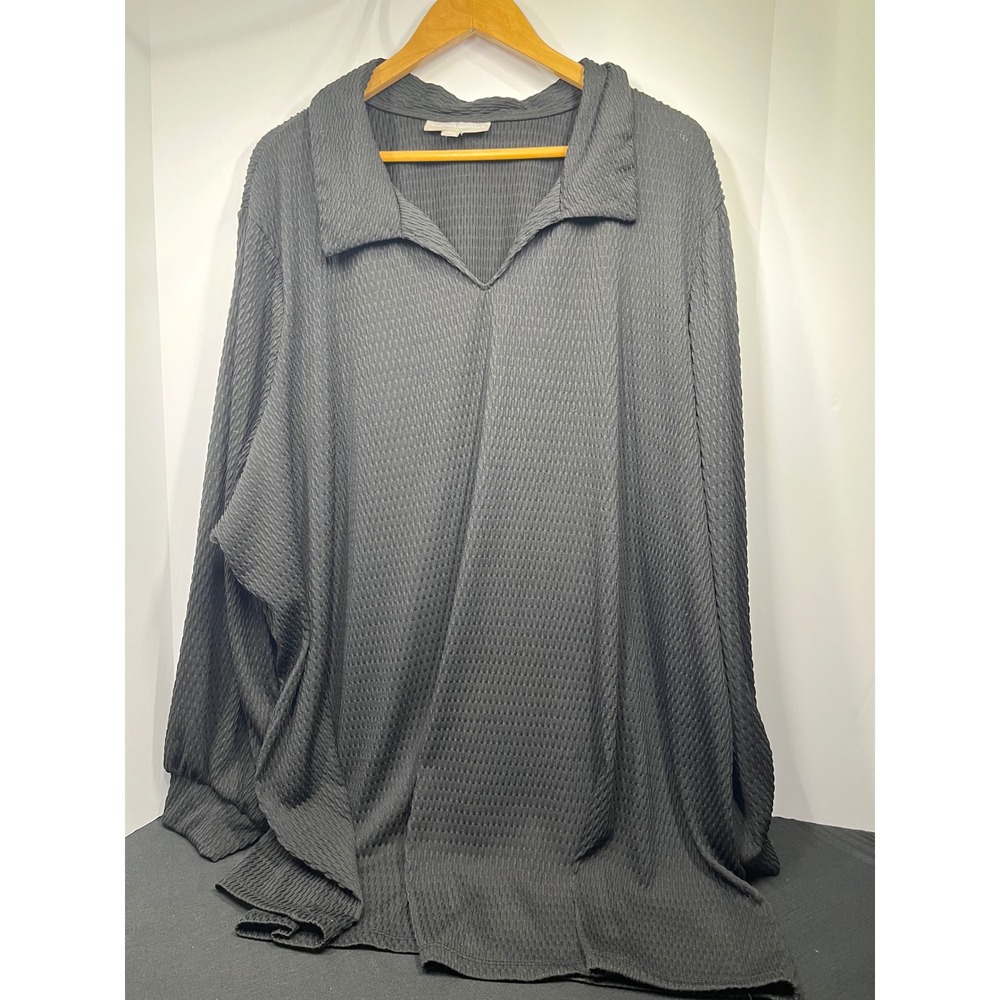 Woman Within Black Textured Split Neck Tunic Top Plus Size 3X 30/32 Long Sleeve
